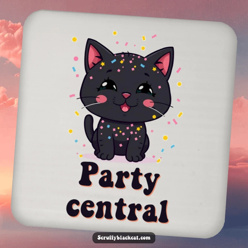 Funny drink coasters showing a black cat with a silly grin, covered in colorful confetti.