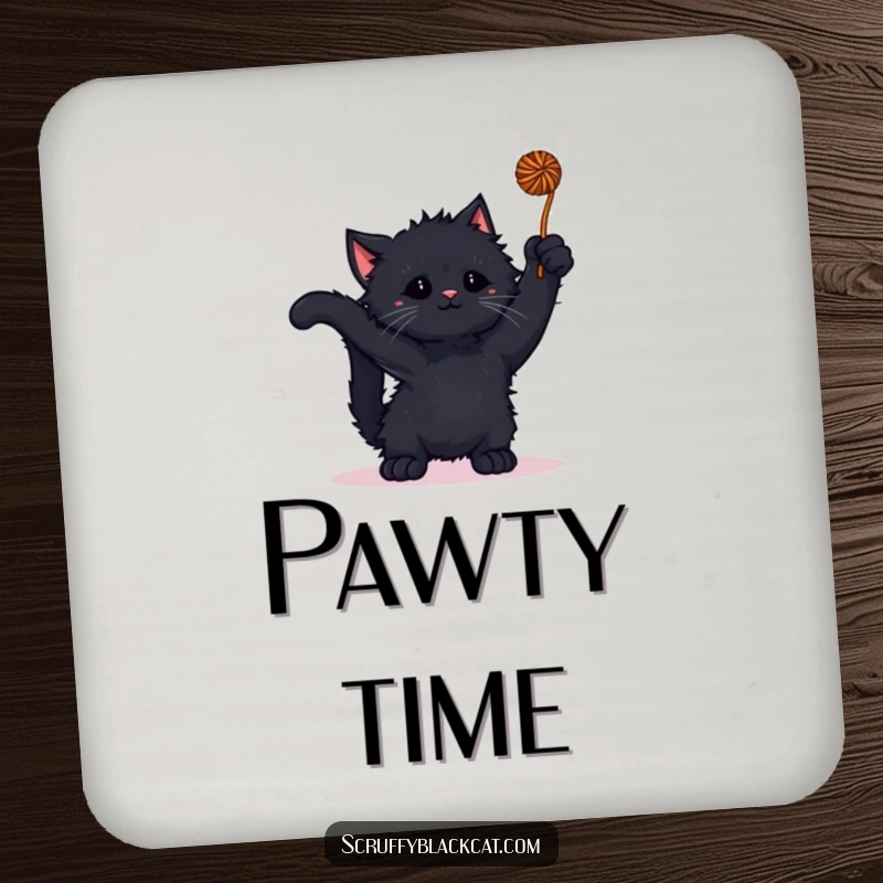 Funny kitten drink coaster with a scruffy black kitten batting at a yarn ball, adding playful flair.