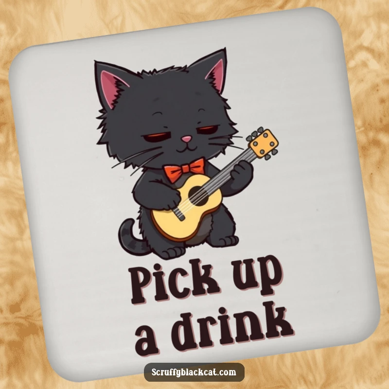 Funny black cat wearing a bow tie, playing a tiny guitar, displayed on a protective drink coaster.