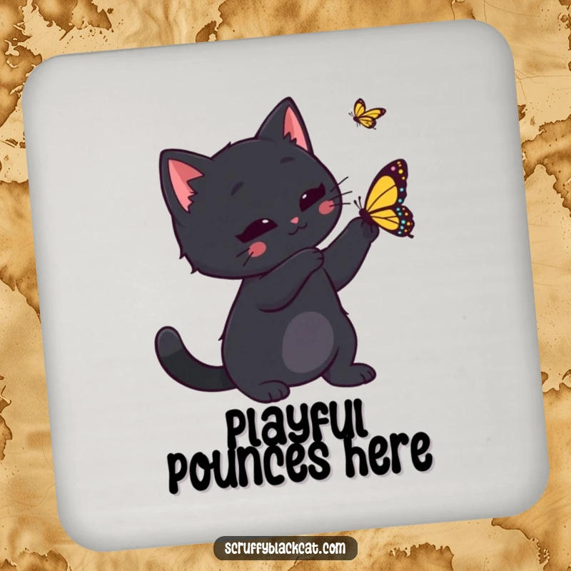 Funny black cat playfully swatting a butterfly, designed on a durable drink coaster, offering humorous protection for tabletops.