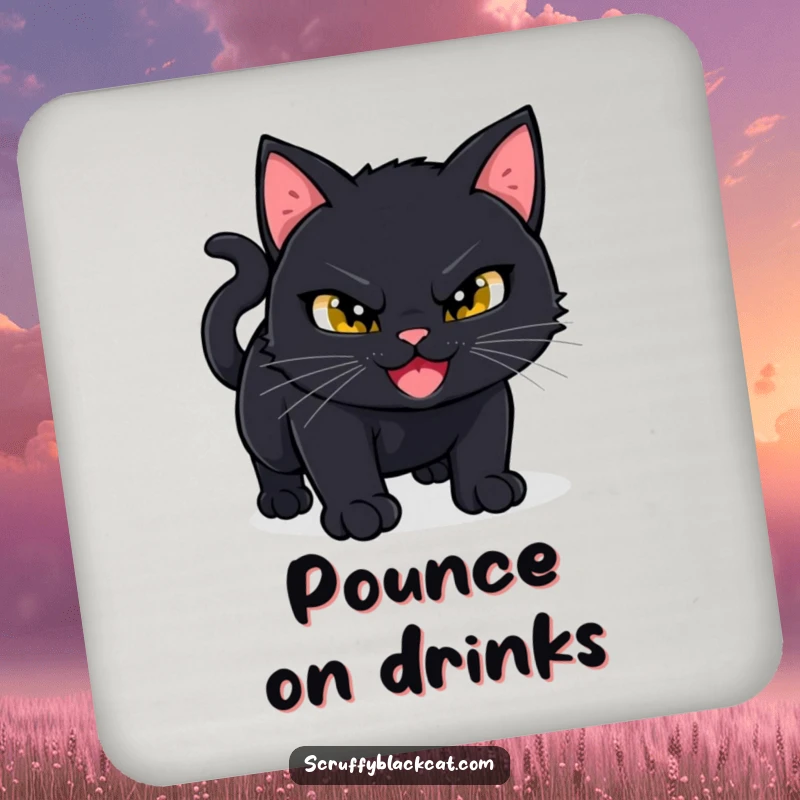 Funny Black Cat Coaster: A mischievous black cat grins slyly, poised to pounce, adding humorous intrigue to drink protection.
