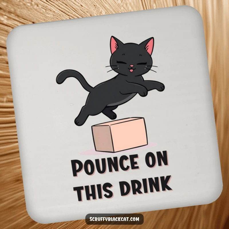 Funny black cat coaster featuring a black cat captured in a funny, energetic leap over a small, colorful object, adding humor.