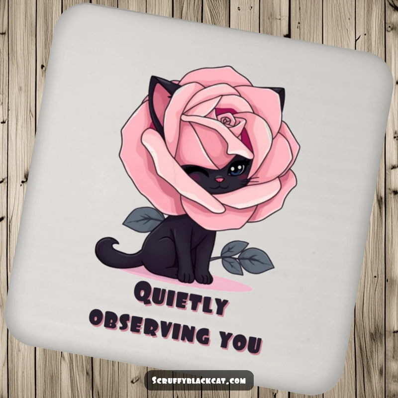 Funny black cat drink coaster with a shy cat peeking from behind a gothic rose, protecting surfaces with humor.