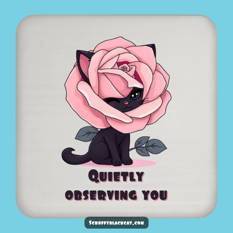 Funny Shy Black Cat Gothic Rose Coaster Set: Protect Surfaces