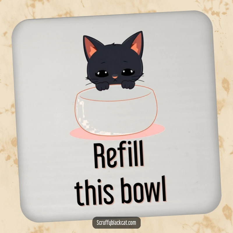 Funny black cat coasters showing a cat meowing at an empty bowl, protecting tables with humorous feline demands.