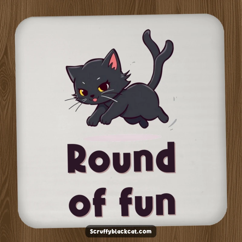 Funny Cat Coaster depicting a black cat's dizzying tail chase, protecting surfaces with feline humor, a delightful funny gift.