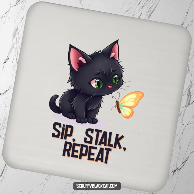 Funny drink coaster featuring a scruffy black cat intensely stalking a beautiful, shimmering butterfly, protecting your surfaces.