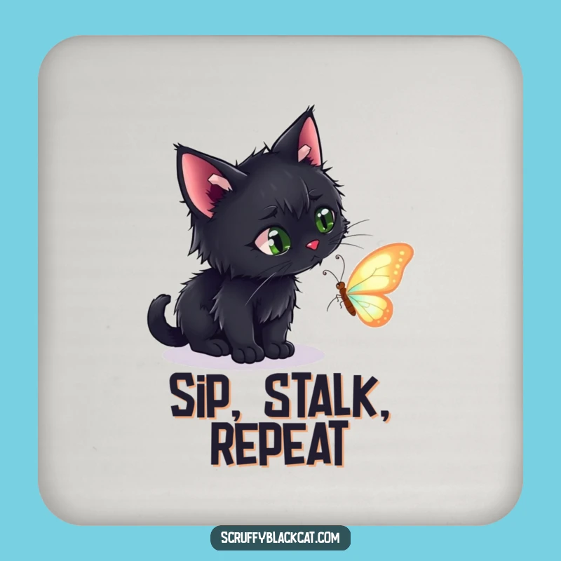 Funny Scruffy Black Cat Butterfly Coaster - Humorous Drink Protection for Cat Fans