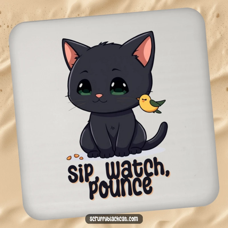 Funny Cat Coaster depicting a curious black cat intently eyeing birdseed, protecting surfaces with feline humor, a delightful funny gift.