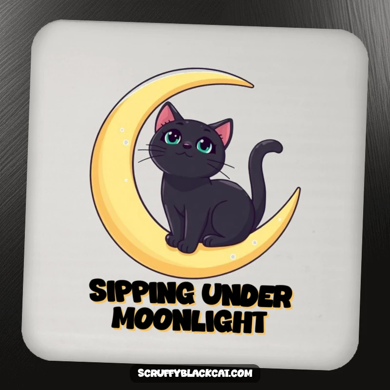 Funny bold black cat drink coaster with a regal cat on a crescent moon, looking upwards, protecting surfaces with humor.