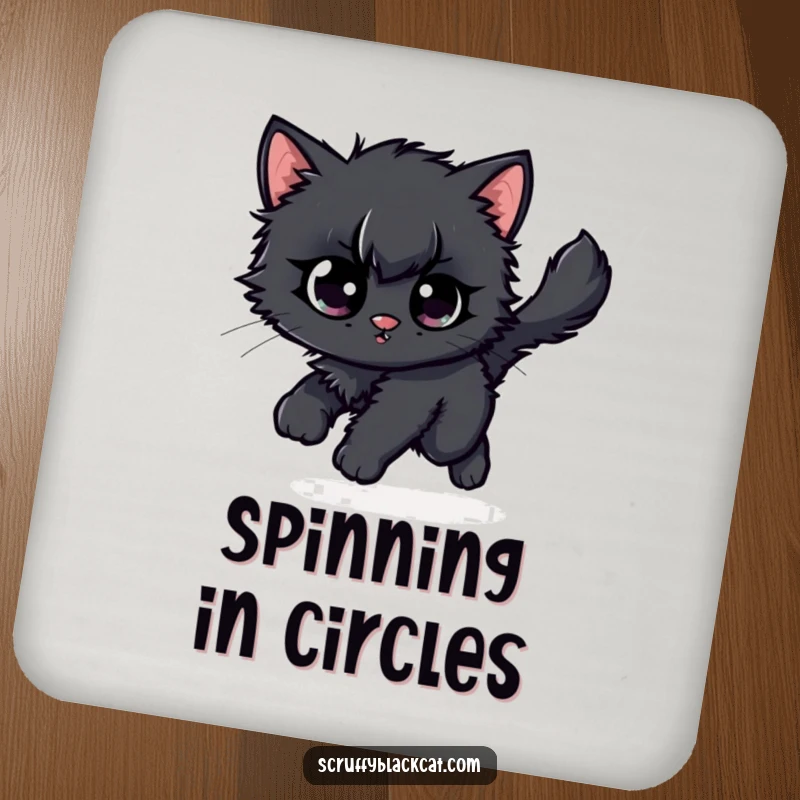 Funny scruffy black kitten drink coaster, showing it comically spinning after its own fluffy tail with wide, determined eyes.