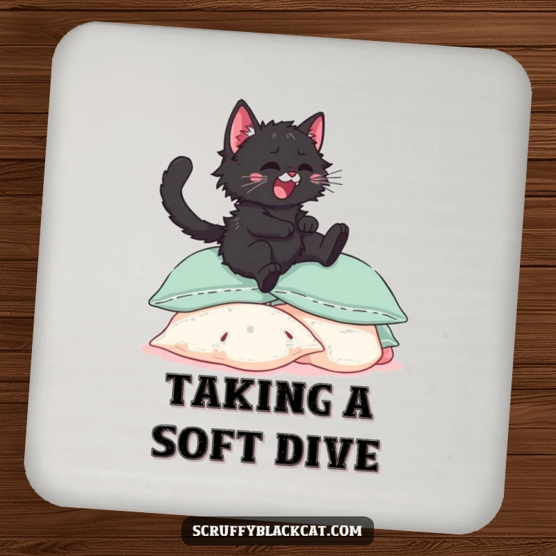 Funny scruffy black kitten drink coaster, showing it joyfully leaping onto a pile of soft pillows.