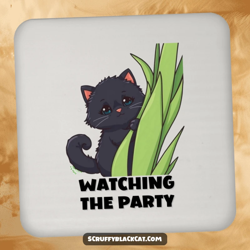 Funny Coaster: A fluffy black cat with a curled tail peeking out from behind a tall plant, adding playful protection.