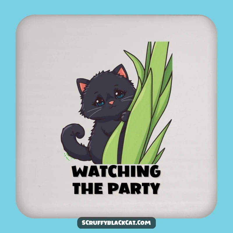 Funny Peek-a-Boo Cat Coaster: Fluffy Black Cat Behind Plant, Protect Surface Funny Gift