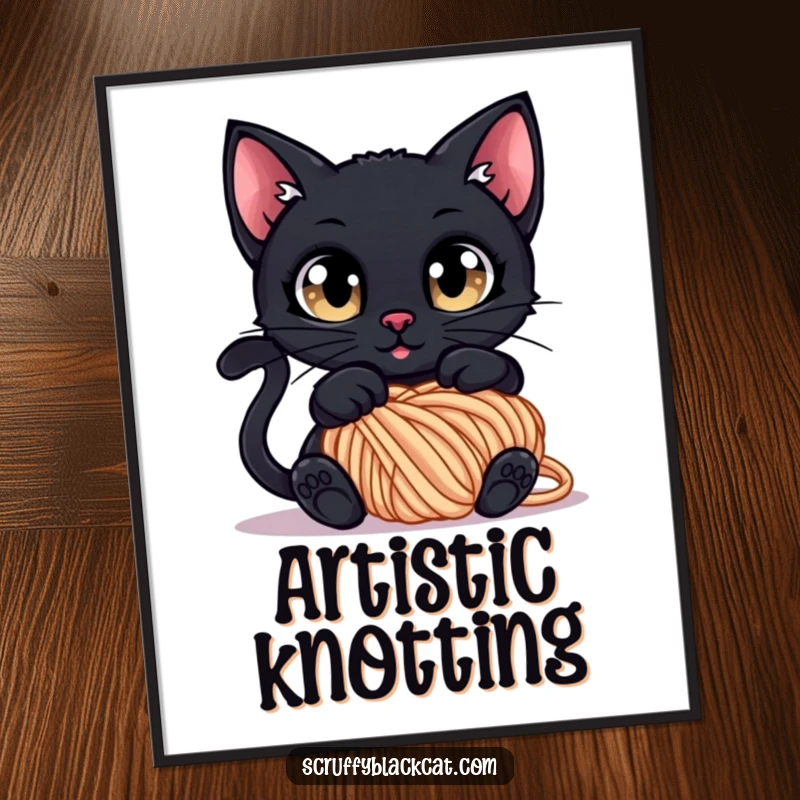 Funny Poster: A black cat with wide, curious eyes tangled in a ball of yarn, capturing a moment of playful entanglement.