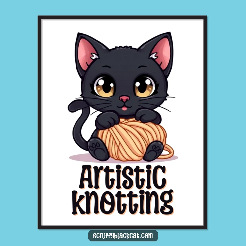 Funny Tangled Cat Poster: Curious Black Cat in Yarn, Playful Funny Art