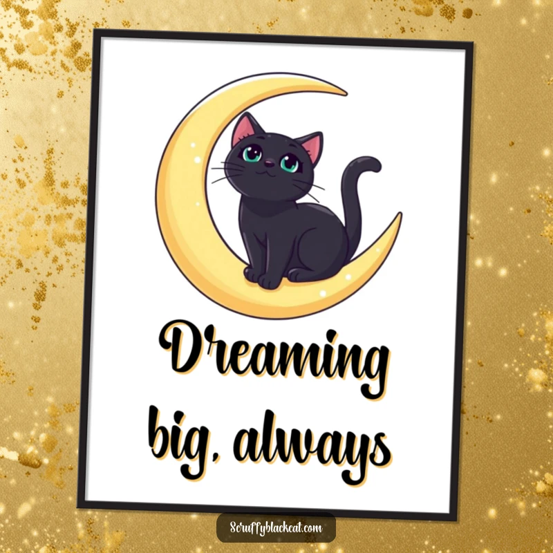 Funny bold black cat poster showing a regal feline on a crescent moon, looking upwards, adding celestial humor to decor.
