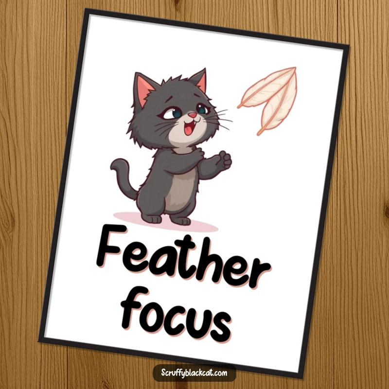 Funny poster art of a scruffy black cat playfully swatting at a bright, bouncing feather.