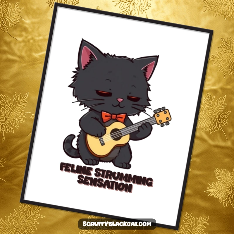 Funny black cat in a dapper bow tie, enthusiastically playing a tiny guitar, presented as a vibrant poster.