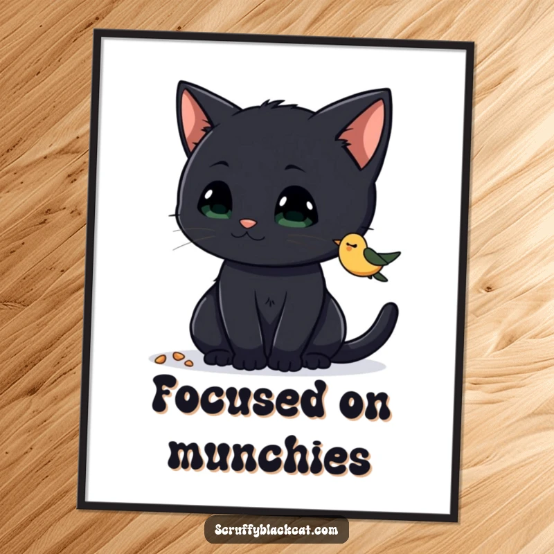 Funny Cat Poster depicting a curious black cat with perked ears, fixated on birdseed, adding humor and charm to wall decor.