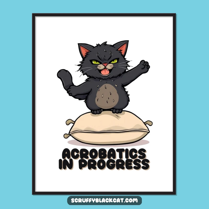 Funny Acrobat Cat Poster: Scruffy Black Cat Leaping Over Cushion, Quirky Funny Art