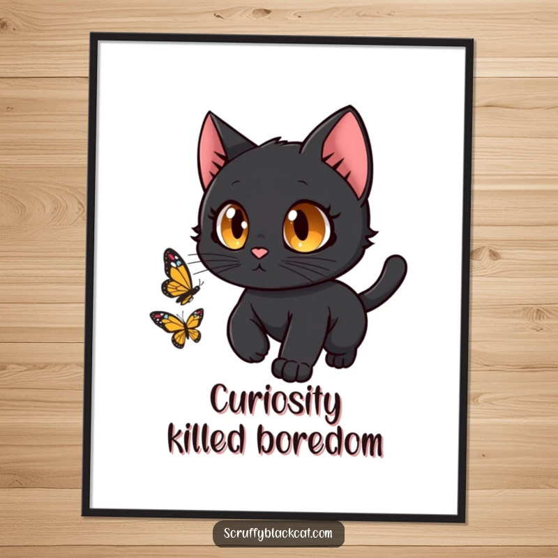 Funny black cat with big, curious eyes joyfully chasing a butterfly, captured on a high-quality poster.