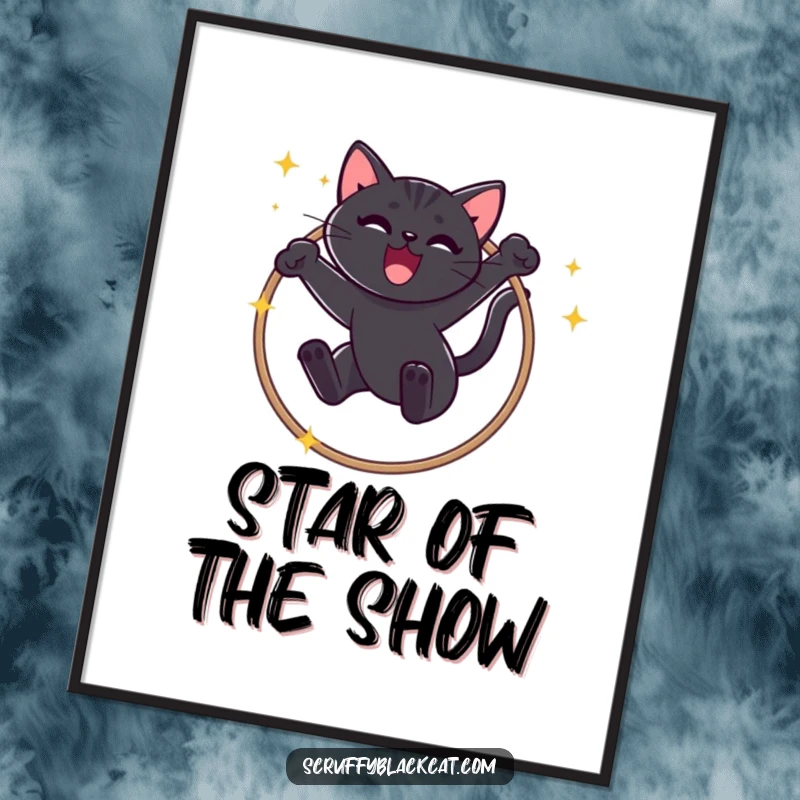 Funny Black Cat Poster: Striking art of a mischievous cat leaping gracefully through a sparkly hoop with a triumphant meow.