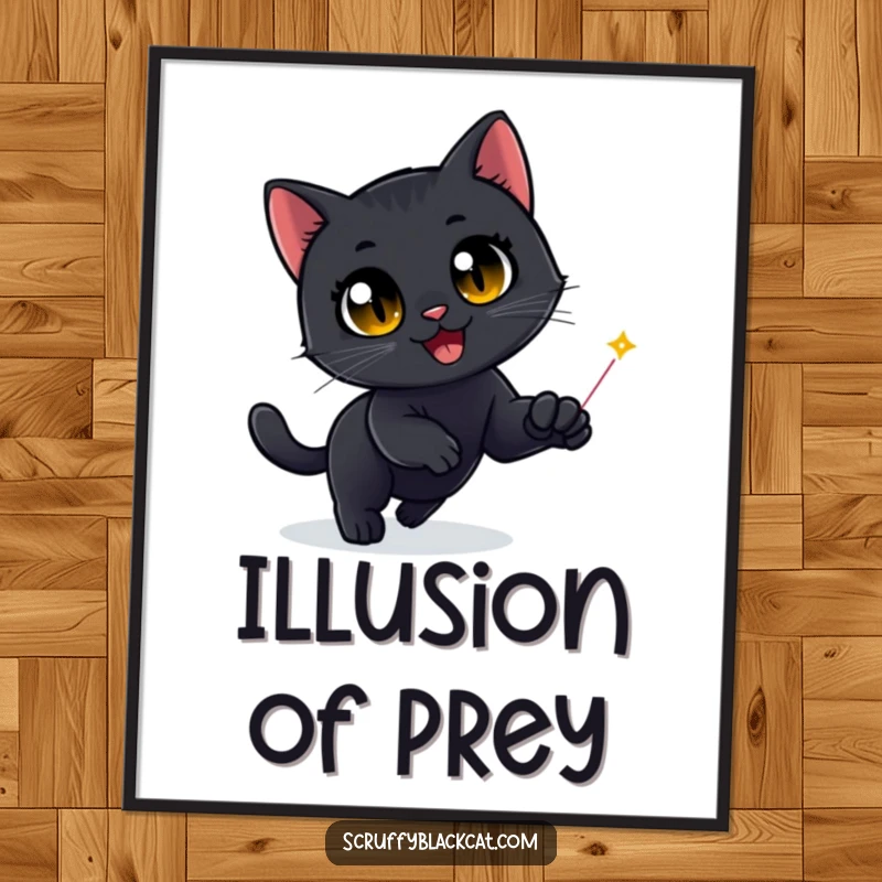 Funny Black Cat Poster: A black cat with huge, excited eyes intensely pursues a tiny red laser dot, creating a comical scene.