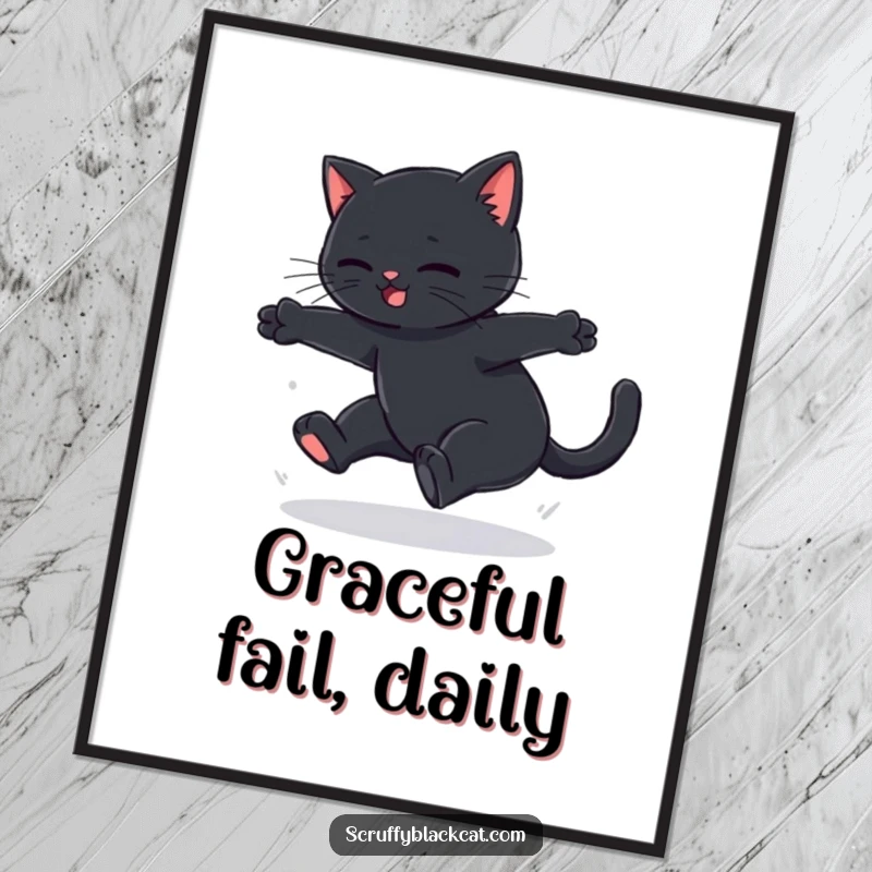 Funny black cat poster showcasing a cat's failed graceful leap with a soft thud, ideal humorous wall decor.