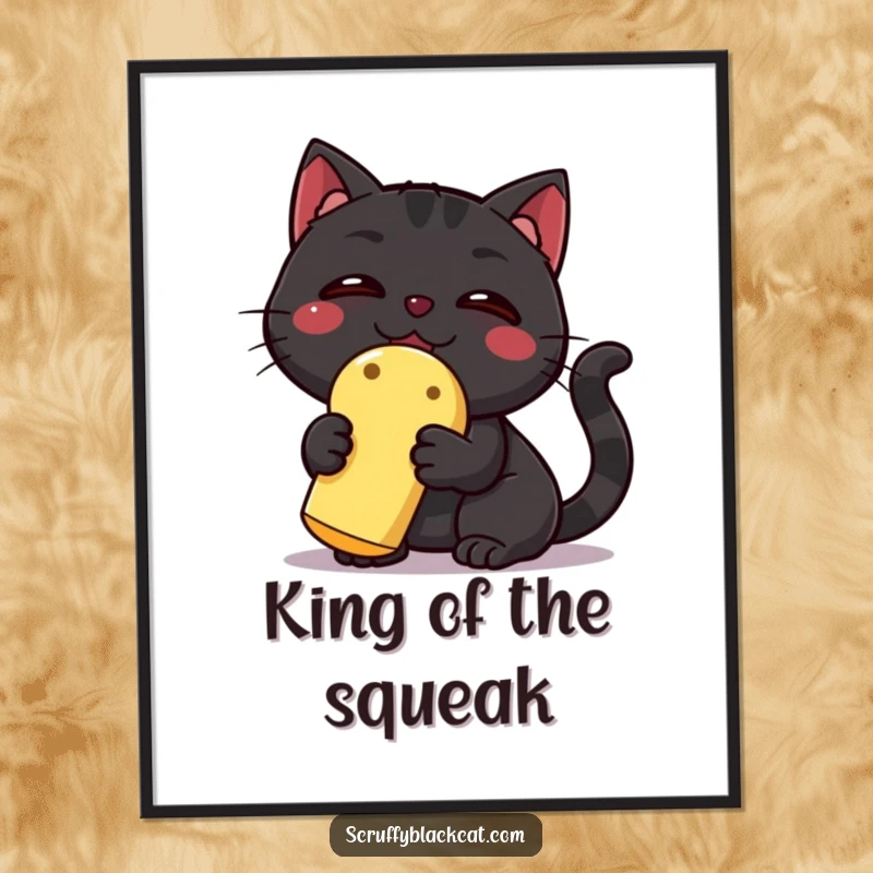 Funny Black Cat Poster: A triumphant black cat victoriously holds a squeaky toy, a hilarious and heartwarming piece of art.