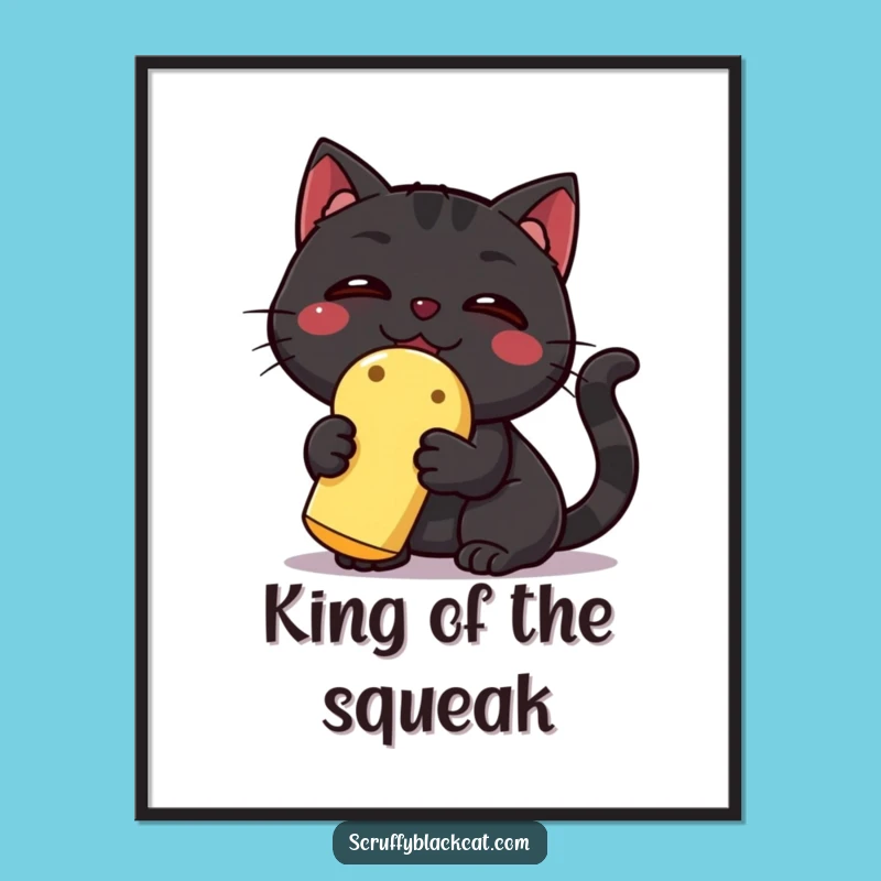 Funny Black Cat Poster: Hilarious Wall Art of a Triumphant Cat with a Squeaky Toy