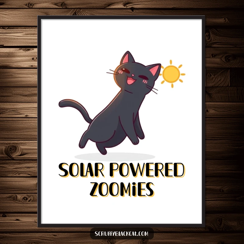 Funny poster art of a black cat gleefully playing with a bright, dancing sunbeam, bringing cheerful vibes to any room.
