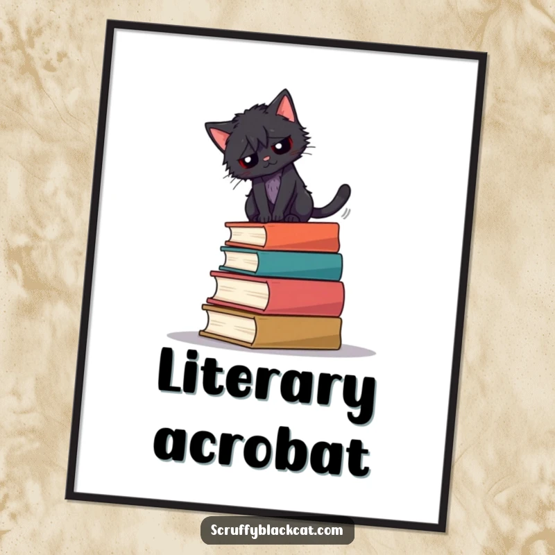 Funny poster art of a scruffy black cat attempting to maintain balance on a wobbly stack of books.