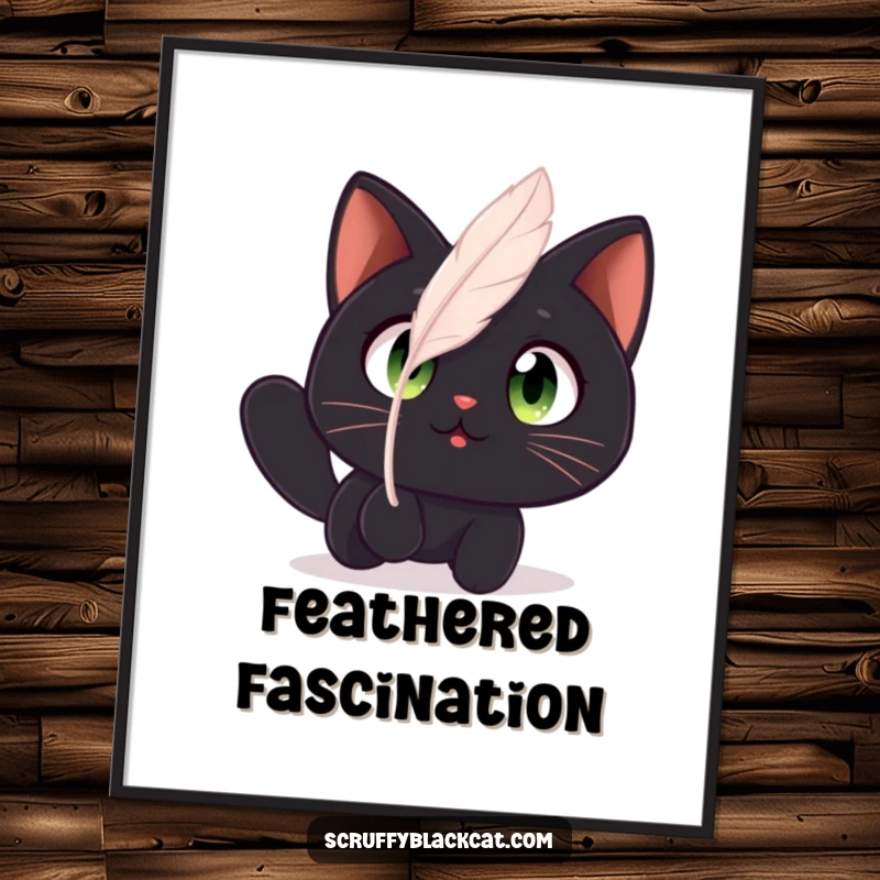 Funny cat poster featuring a black cat with wide, amazed eyes fixed on a delicate floating feather.