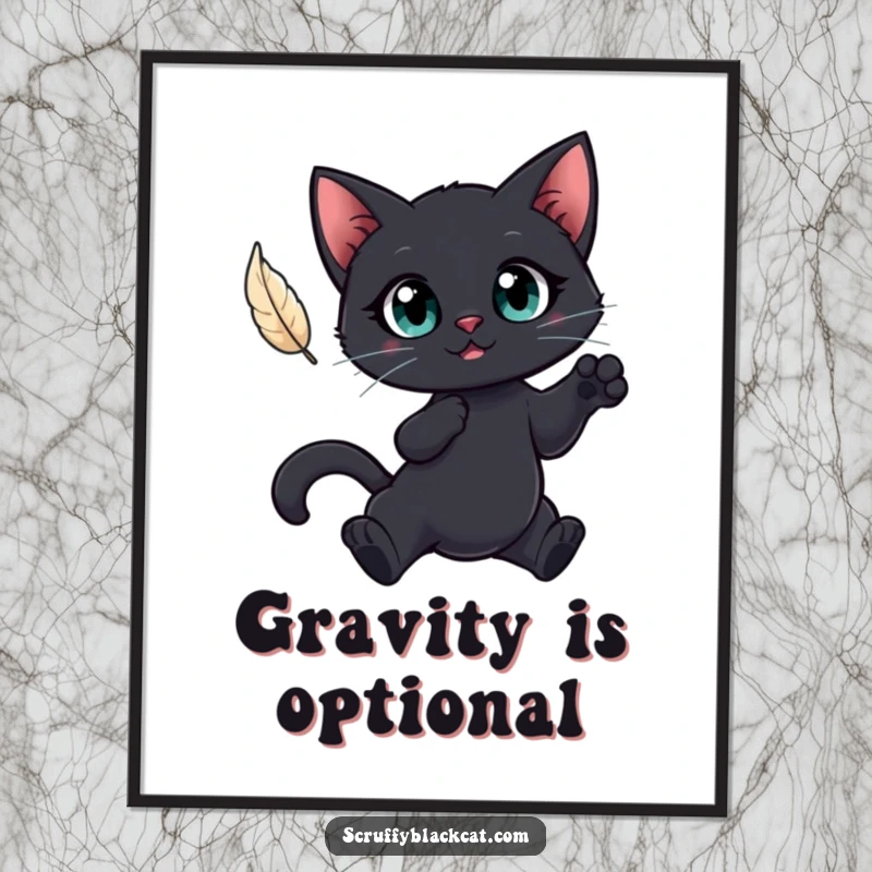 Funny poster depicting a black cat with large eyes leaping towards a floating feather, capturing playful determination.