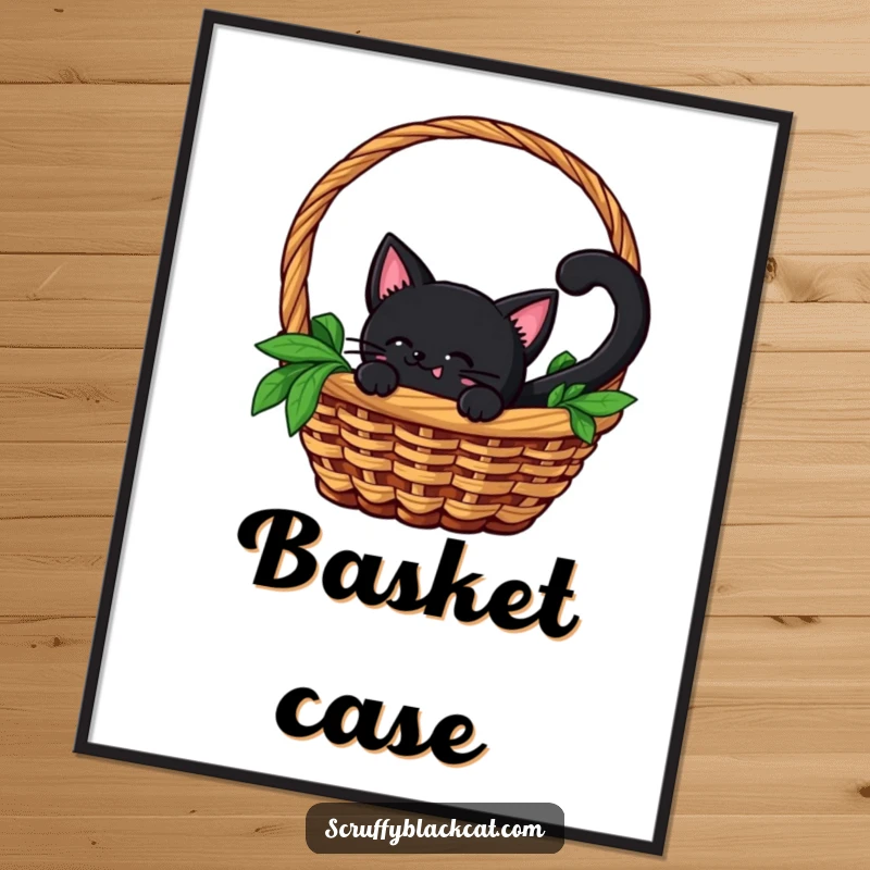 Funny poster print of a black cat with a gently wagging tail peeking out from inside a woven basket, inviting interaction and play.