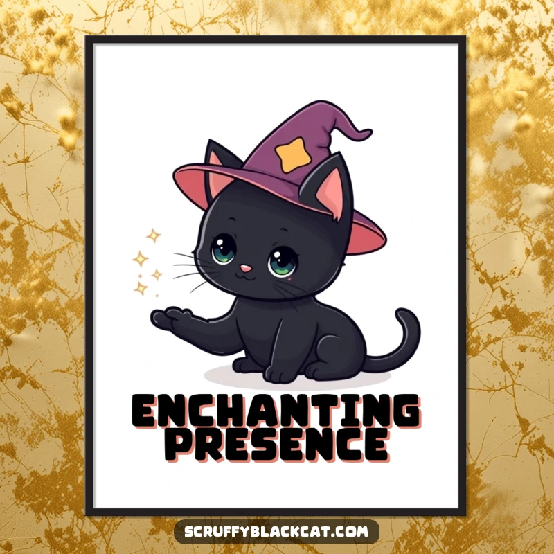 Funny cat poster featuring a black cat in a tiny wizard hat, conjuring a sparkly puff of magic.