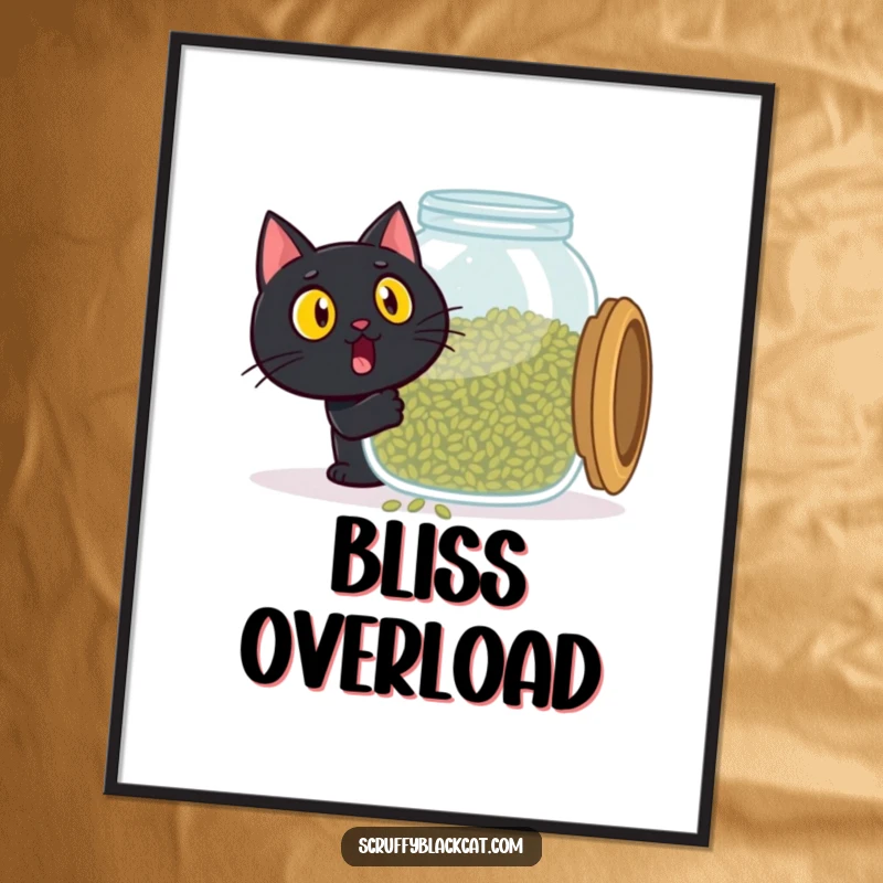 Funny black cat poster, surprised expression, discovering a giant catnip jar, pure feline bliss, humorous wall art.