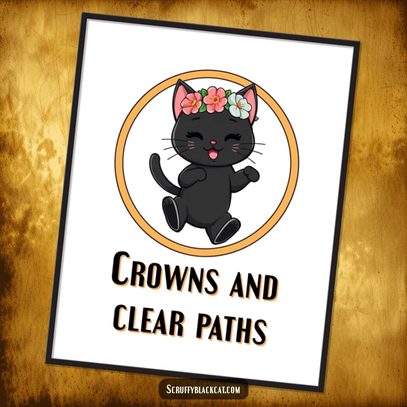 Funny black cat wearing a flower crown performs a circus hoop jump, depicted in a vibrant poster, adding humor to any room.