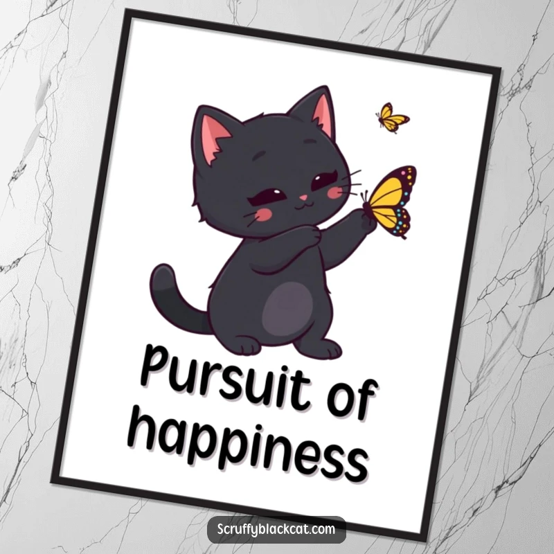 Funny black cat in mid-swat towards a butterfly, depicted in a lively poster, adding a touch of playful artistry to any space.