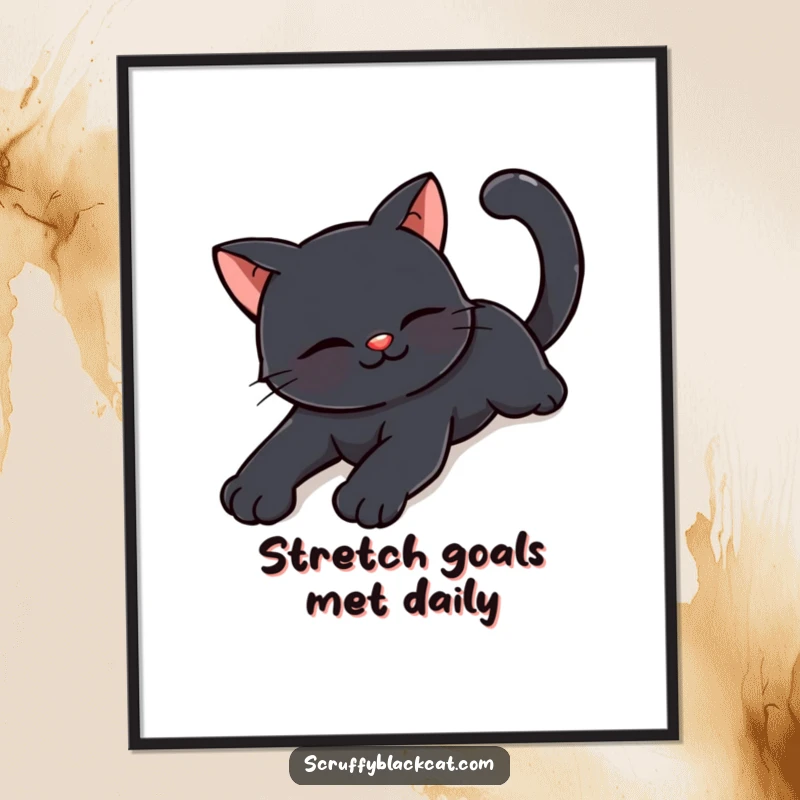 Funny happy black cat poster illustrating a cat stretching languidly with a contented smile, evoking peace and humor.