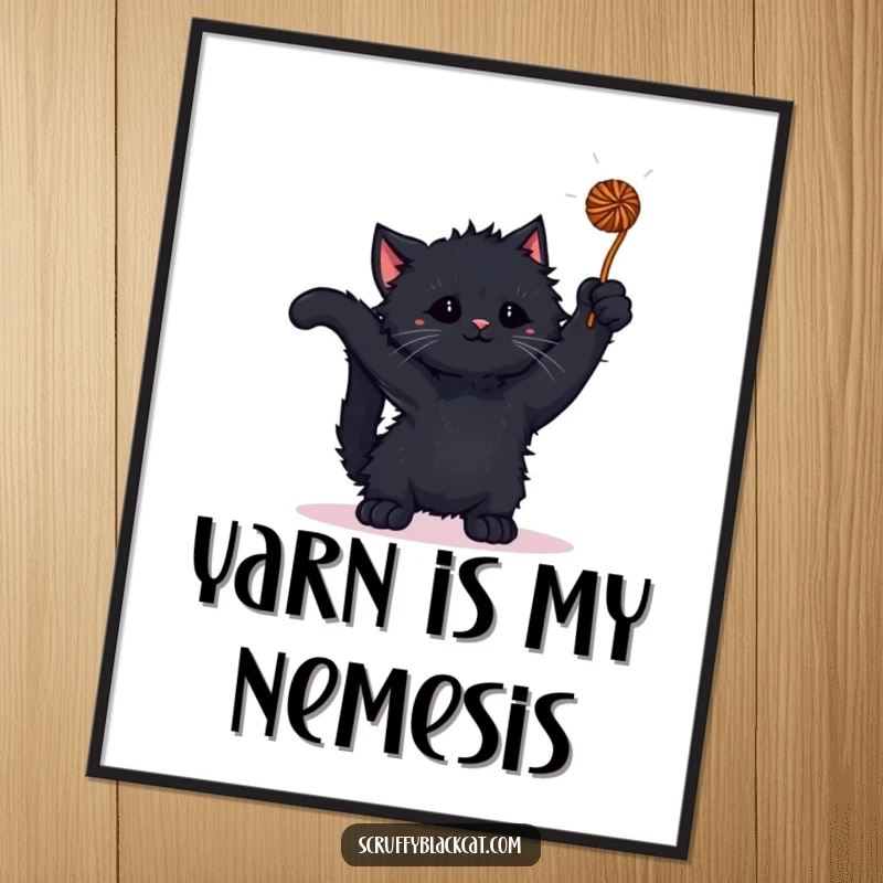 Funny kitten poster featuring a scruffy black kitten batting at a dangling yarn ball, evoking playful energy.