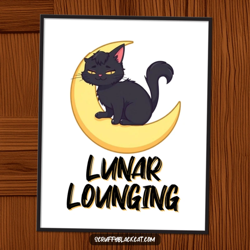 Funny poster print of a scruffy black cat sitting peacefully on a crescent moon, its face lit with a gentle, happy smile.