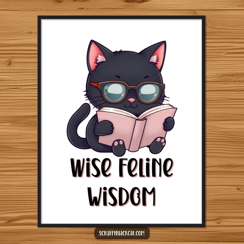 Funny Scholar Cat Poster: Artwork of a black cat wearing spectacles engrossed in a book, a witty and funny gift.
