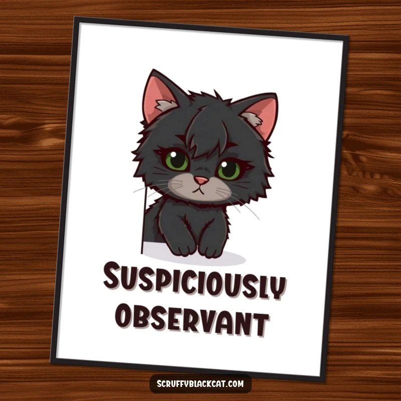 Funny scruffy black cat poster, peeking around a corner with a slight ear tilt, adding a humorous touch to wall art.