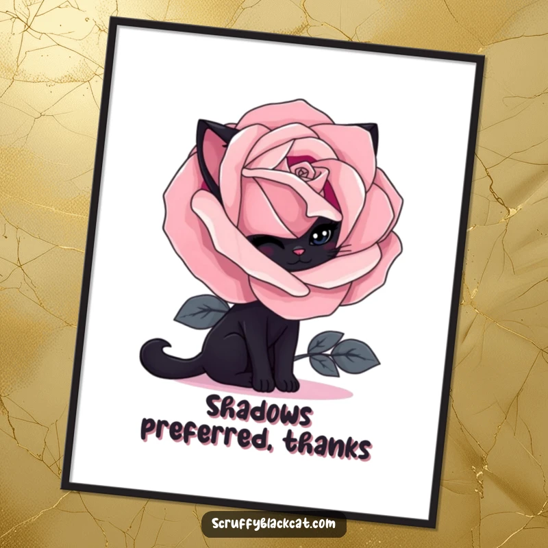 Funny black cat poster showcasing a timid cat peeking from behind a lush, gothic rose, adding artistic flair and humor to any room.