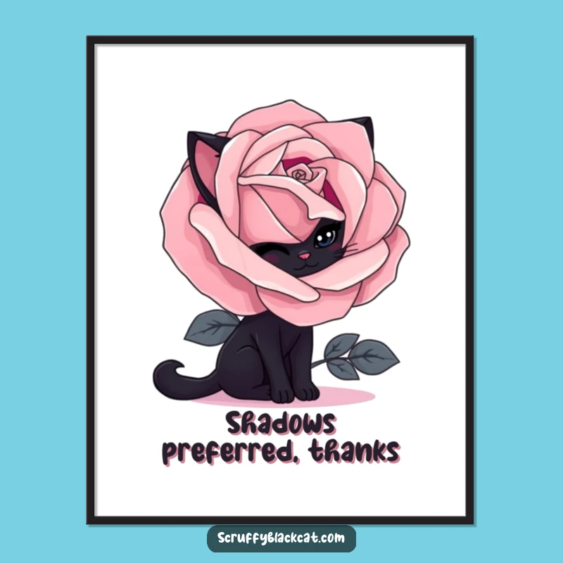Funny Shy Black Cat Gothic Rose Poster: Artful & Humorous Decor