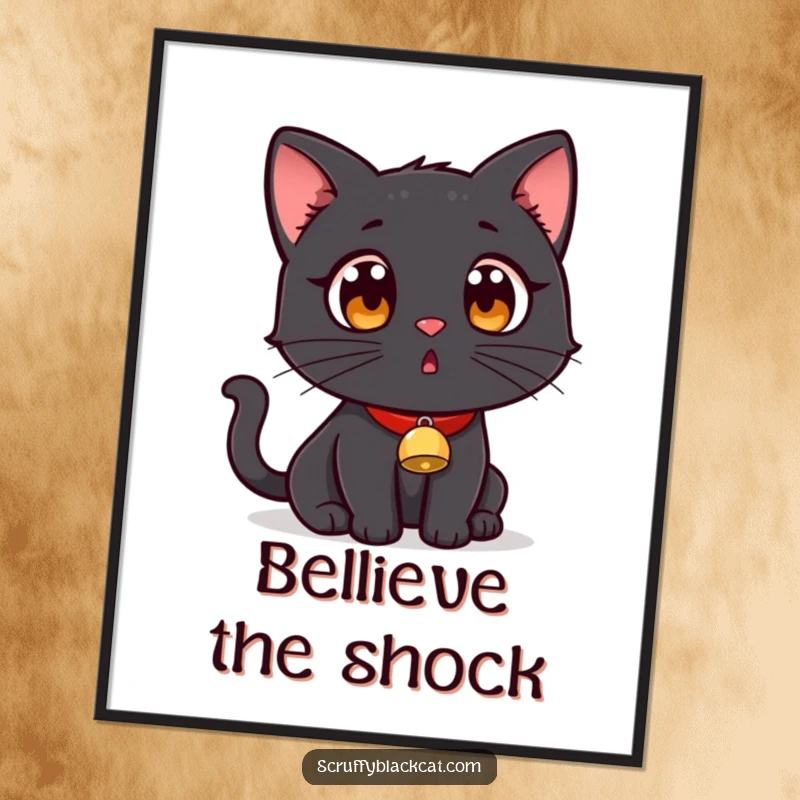 Funny black cat wearing a tiny bell collar, looking wide-eyed and surprised on a high-quality poster.