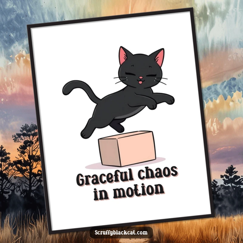 Funny black cat poster showcasing a sleek black cat dramatically leaping over a small, colorful block, capturing a moment of pure feline fun.