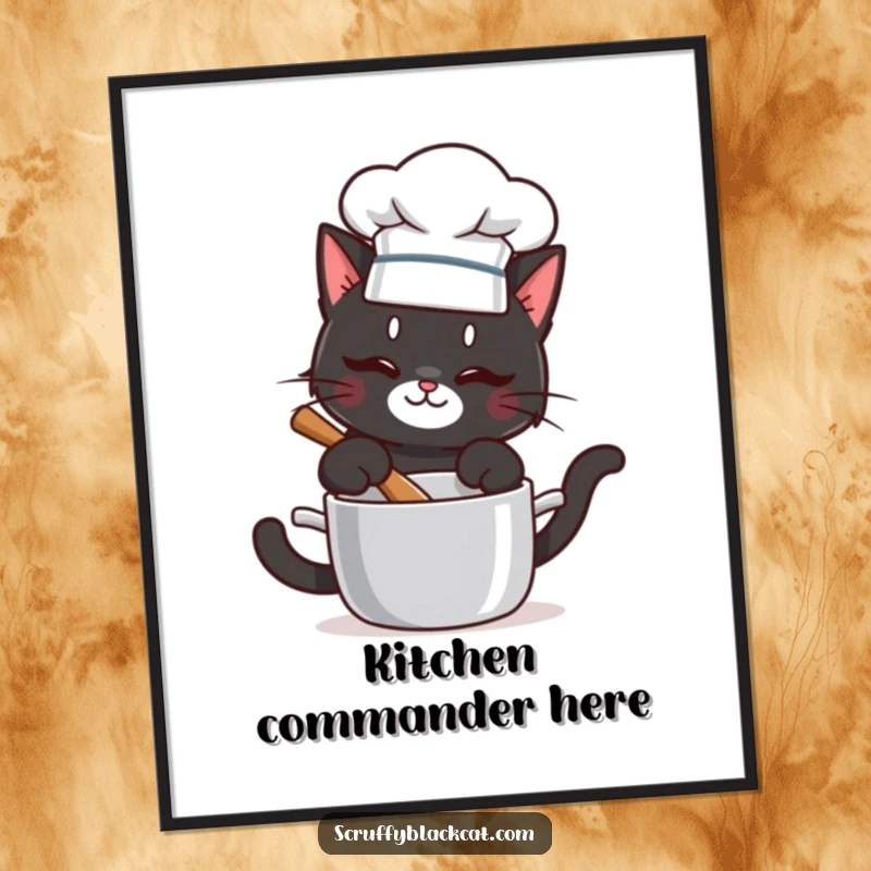 Funny poster depicting a mischievous black cat in a chef hat stirring a pot, radiating culinary fun.